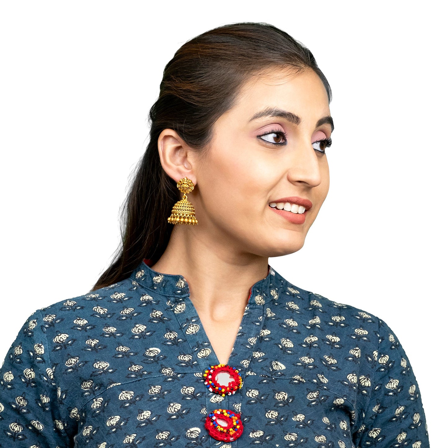 Traditional Indian Temple jewellery inspired Matte Gold-Plated Jhumka Medium Size Earrings with Kundan & Pearl for (Brides) Women - Laxmi Design (SJE.320_D2)