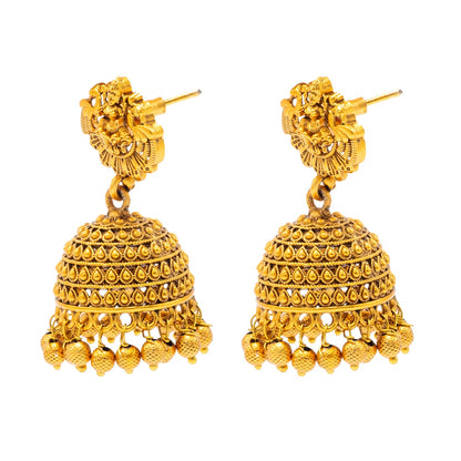 Traditional Indian Temple jewellery inspired Matte Gold-Plated Jhumka Medium Size Earrings with Kundan & Pearl for (Brides) Women - Laxmi Design (SJE.320_D2)