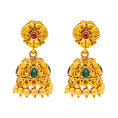 Traditional Indian Temple jewellery inspired Matte Gold-Plated Jhumka Small Size Earrings with Kundan & Pearl for (Brides) Women - Bird Design (SJE.321_D1)