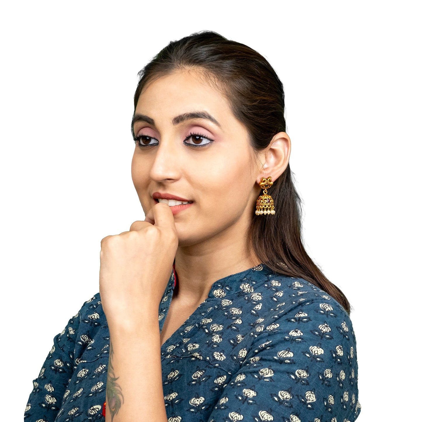 Traditional Indian Temple jewellery inspired Matte Gold-Plated Jhumka Small Size Earrings with Kundan & Pearl for (Brides) Women - Bird Design (SJE.321_D1)