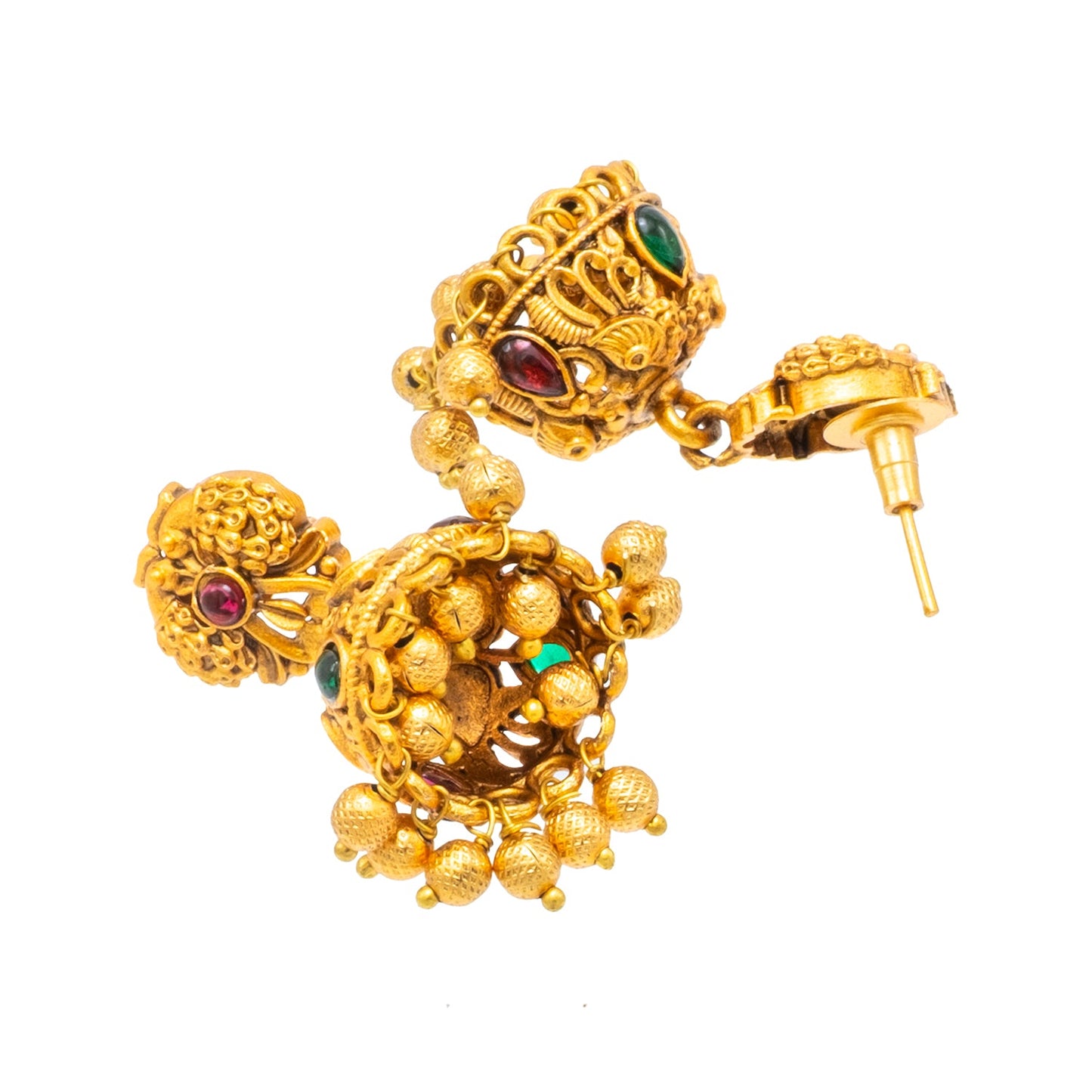 Traditional Indian Temple jewellery inspired Matte Gold-Plated Jhumka Small Size Earrings with Kundan & Pearl for (Brides) Women - Bird Design (SJE.321_D1)