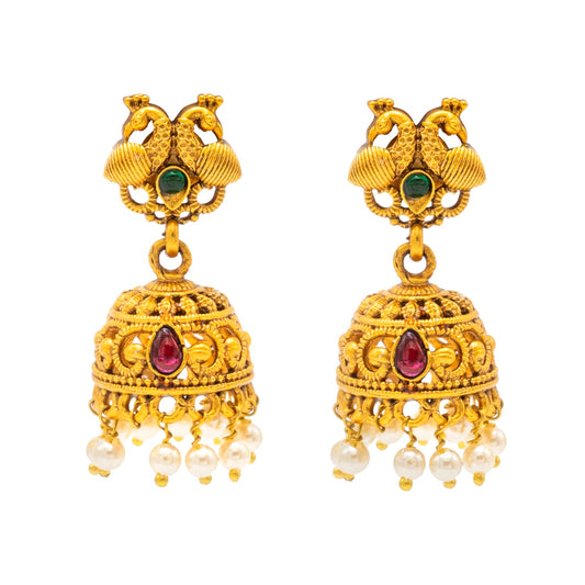 Traditional Indian Temple jewellery inspired Matte Gold-Plated Jhumka Small Size Earrings with Kundan & Pearl for (Brides) Women - Peacock Design (SJE.321_D2)