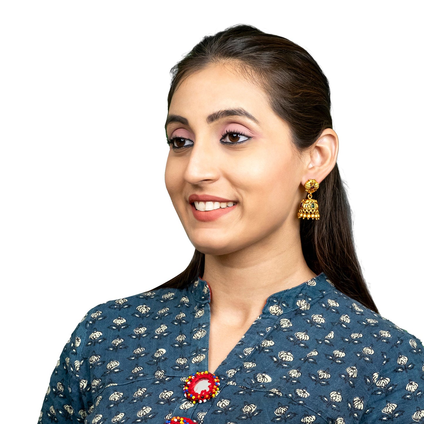 Traditional Indian Temple jewellery inspired Matte Gold-Plated Jhumka Small Size Earrings with Kundan & Pearl for (Brides) Women - Peacock Design (SJE.321_D2)