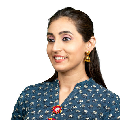 Traditional Indian Temple jewellery inspired Matte Gold-Plated Jhumka Small Size Earrings with Kundan & Pearl for (Brides) Women - Peacock Design (SJE.321_D2)