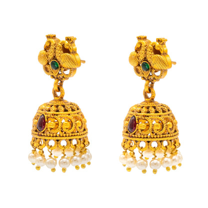 Traditional Indian Temple jewellery inspired Matte Gold-Plated Jhumka Small Size Earrings with Kundan & Pearl for (Brides) Women - Peacock Design (SJE.321_D2)