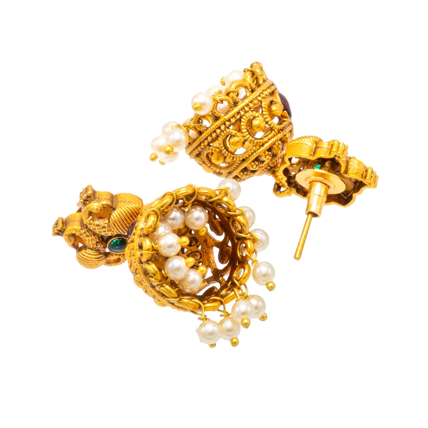 Traditional Indian Temple jewellery inspired Matte Gold-Plated Jhumka Small Size Earrings with Kundan & Pearl for (Brides) Women - Peacock Design (SJE.321_D2)