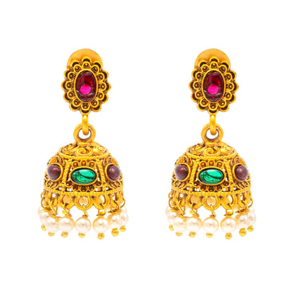 Traditional Indian Temple jewellery inspired Matte Gold-Plated Jhumka Small Size Earrings with Kundan & Pearl for (Brides)(SJE.321_D3)