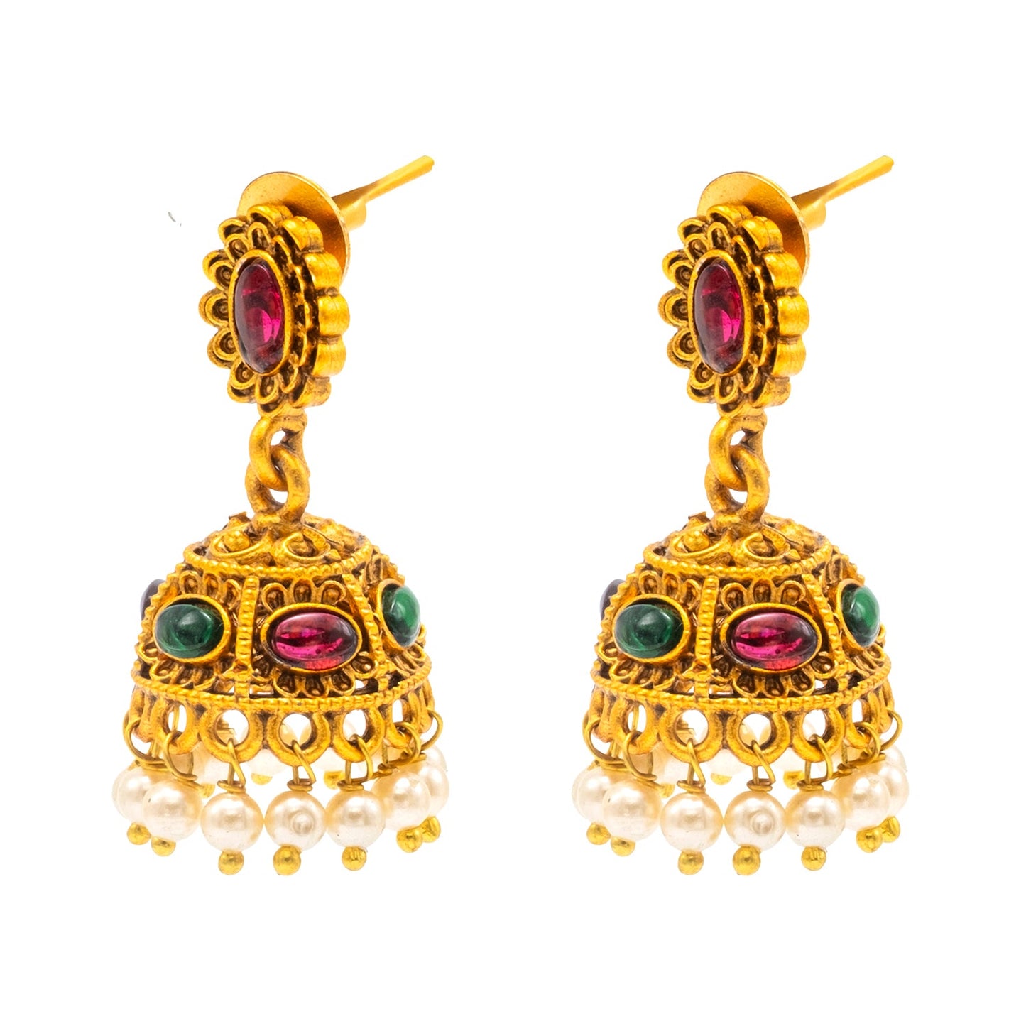 Traditional Indian Temple jewellery inspired Matte Gold-Plated Jhumka Small Size Earrings with Kundan & Pearl for (Brides)(SJE.321_D3)