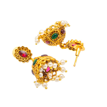 Traditional Indian Temple jewellery inspired Matte Gold-Plated Jhumka Small Size Earrings with Kundan & Pearl for (Brides)(SJE.321_D3)