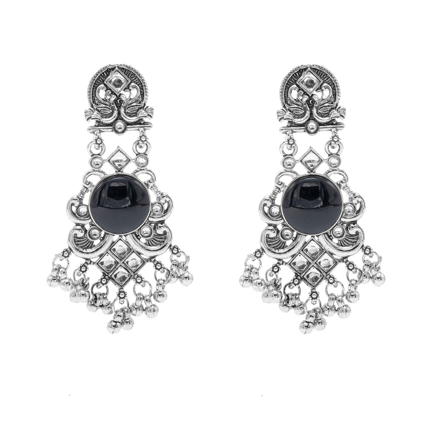 Oxidised CZ, Crystal, Pearl, Antique Silver Plated Medium Drop Partywear Earrings for Women - (SJE_322_BK)