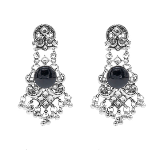 Oxidised CZ, Crystal, Pearl, Antique Silver Plated Medium Drop Partywear Earrings for Women - (SJE_322_BK)