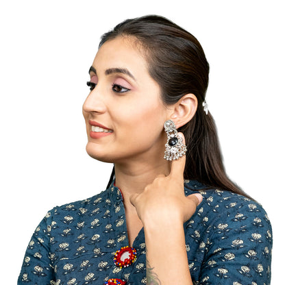 Oxidised CZ, Crystal, Pearl, Antique Silver Plated Medium Drop Partywear Earrings for Women - (SJE_322_BK)