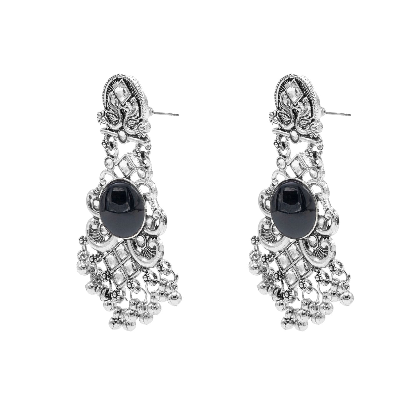 Oxidised CZ, Crystal, Pearl, Antique Silver Plated Medium Drop Partywear Earrings for Women - (SJE_322_BK)