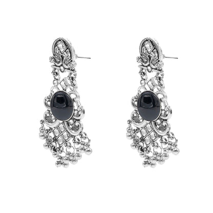 Oxidised CZ, Crystal, Pearl, Antique Silver Plated Medium Drop Partywear Earrings for Women - (SJE_322_BK)
