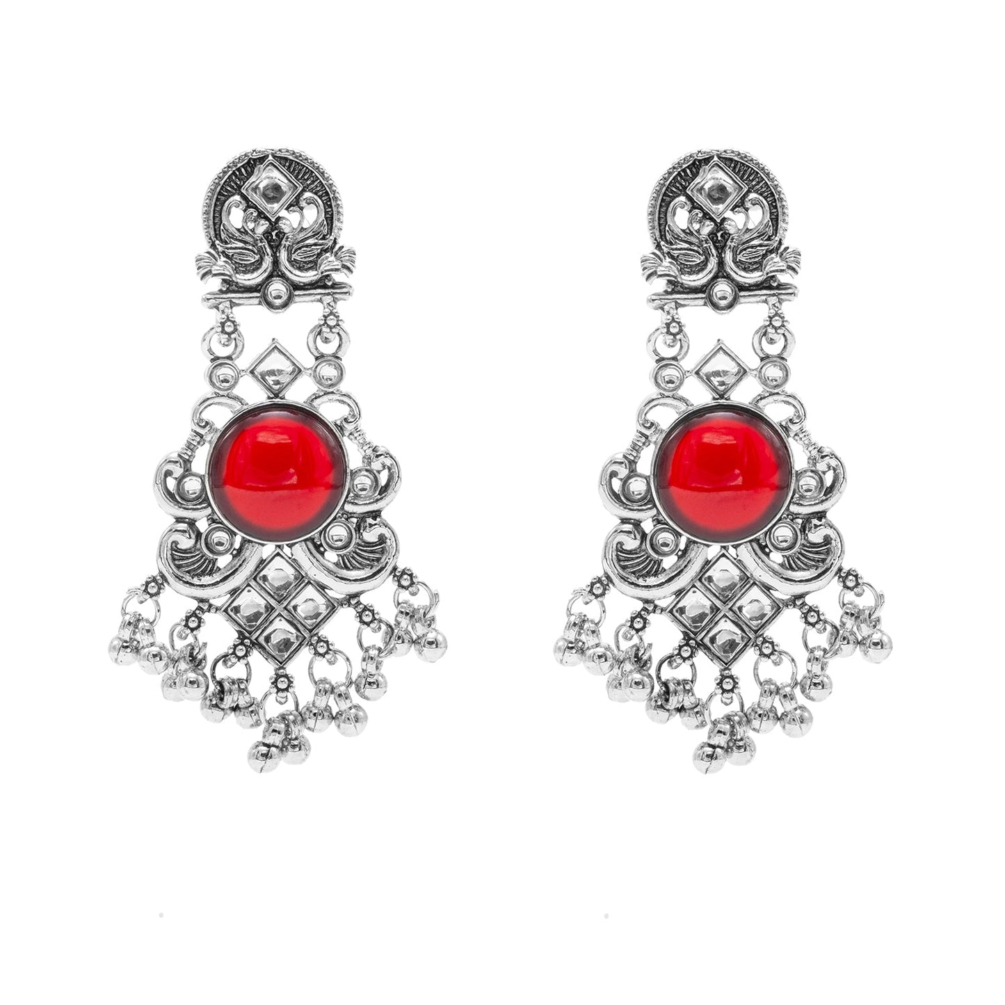 Oxidised CZ, Crystal, Pearl, Antique Silver Plated Medium Drop Partywear Earrings for Women - (SJE_322_R)