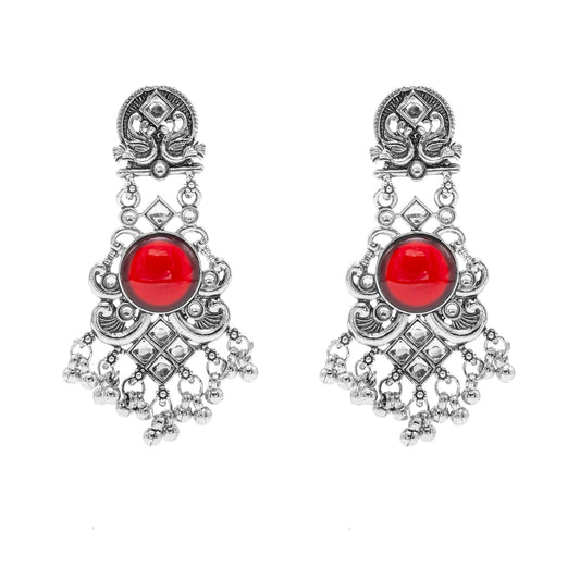 Oxidised CZ, Crystal, Pearl, Antique Silver Plated Medium Drop Partywear Earrings for Women - (SJE_322_R)
