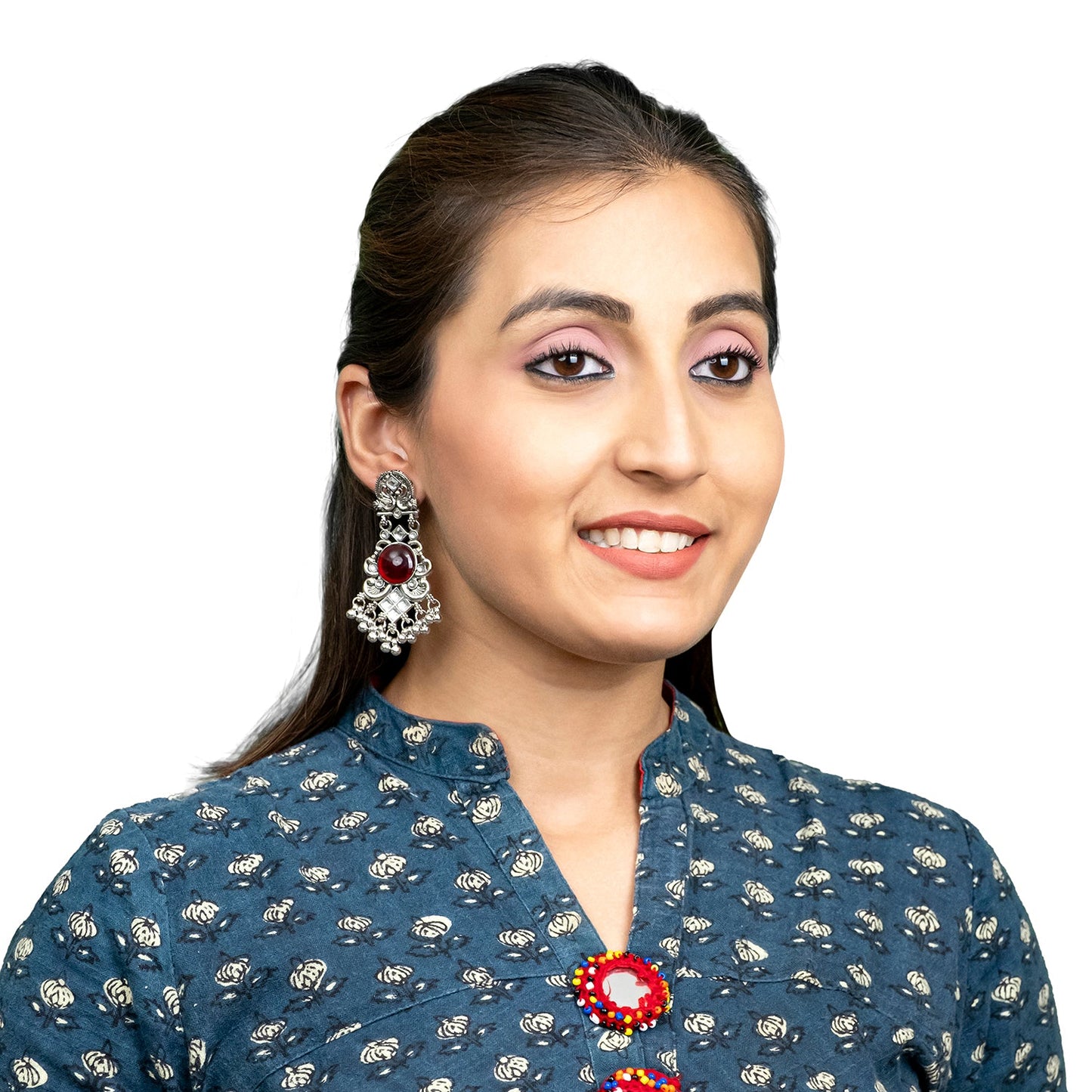 Oxidised CZ, Crystal, Pearl, Antique Silver Plated Medium Drop Partywear Earrings for Women - (SJE_322_R)