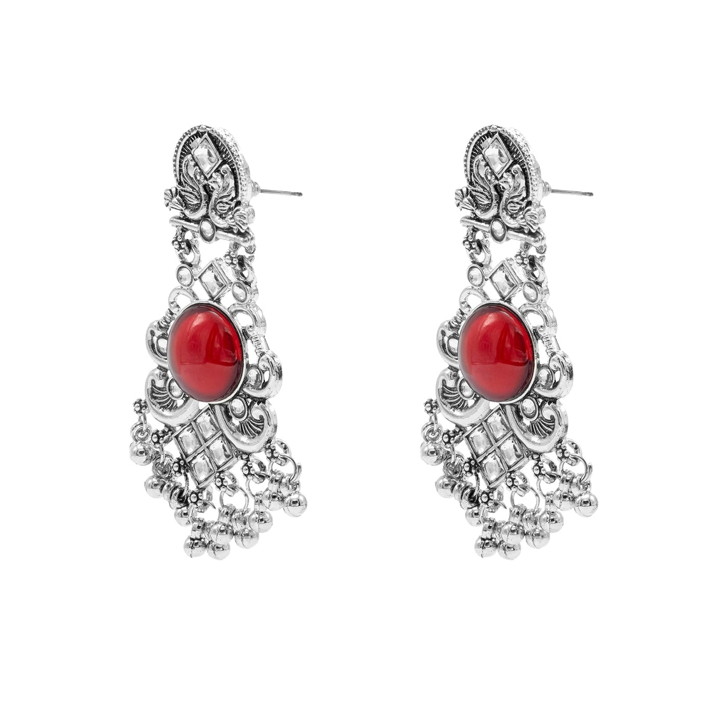 Oxidised CZ, Crystal, Pearl, Antique Silver Plated Medium Drop Partywear Earrings for Women - (SJE_322_R)