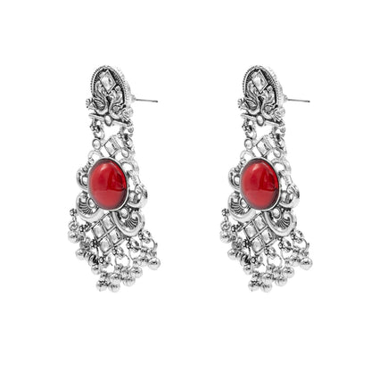 Oxidised CZ, Crystal, Pearl, Antique Silver Plated Medium Drop Partywear Earrings for Women - (SJE_322_R)