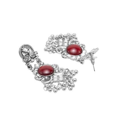 Oxidised CZ, Crystal, Pearl, Antique Silver Plated Medium Drop Partywear Earrings for Women - (SJE_322_R)