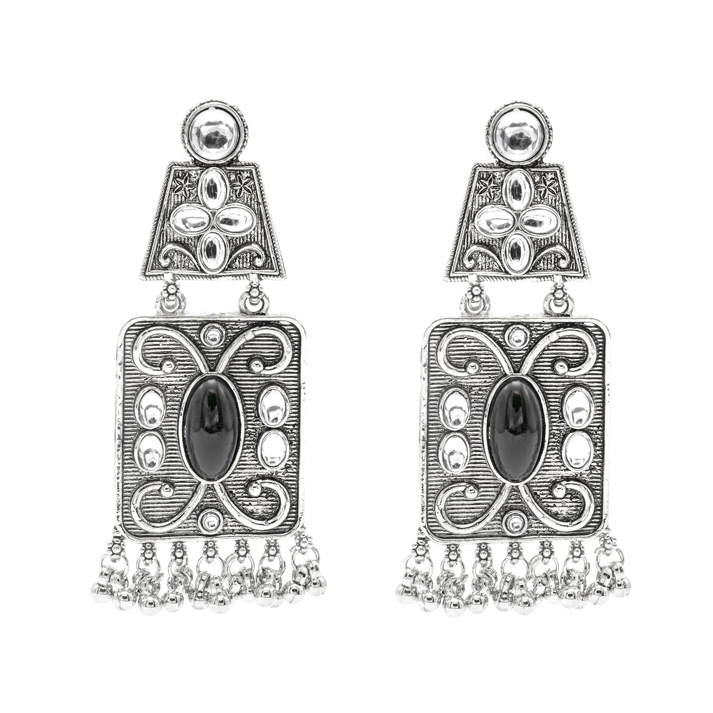 Oxidised CZ, Crystal, Pearl, Antique Silver Plated Medium Drop Partywear Earrings for Women - (SJE_323_BK)