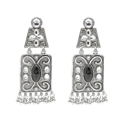 Oxidised CZ, Crystal, Pearl, Antique Silver Plated Medium Drop Partywear Earrings for Women - (SJE_323_BK)