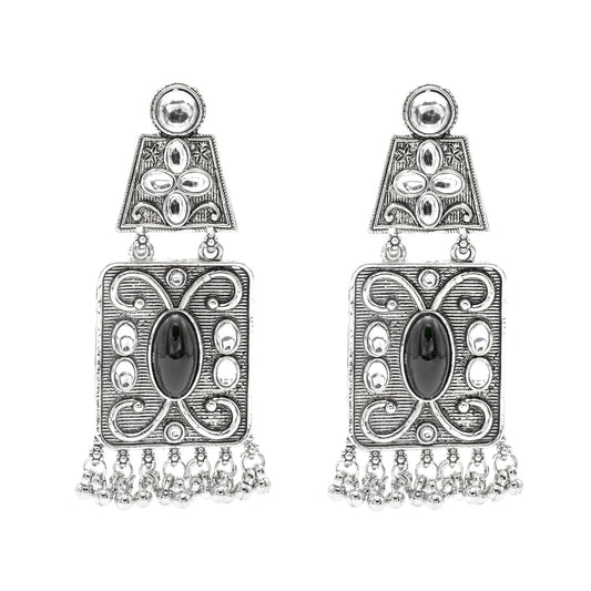 Oxidised CZ, Crystal, Pearl, Antique Silver Plated Medium Drop Partywear Earrings for Women - (SJE_323_BK)