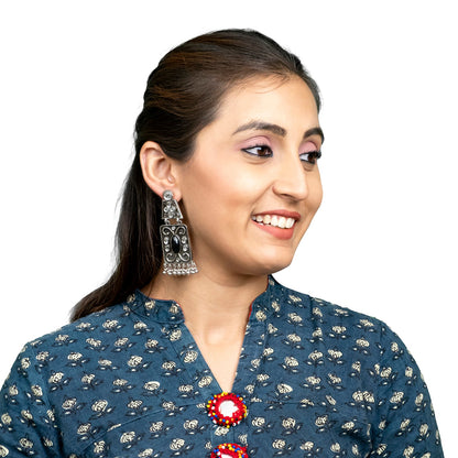 Oxidised CZ, Crystal, Pearl, Antique Silver Plated Medium Drop Partywear Earrings for Women - (SJE_323_BK)
