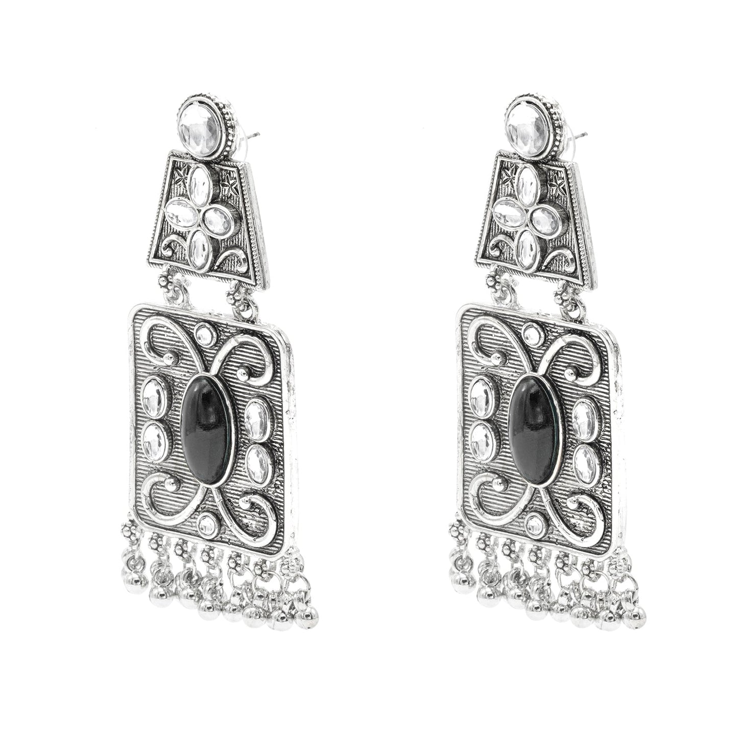 Oxidised CZ, Crystal, Pearl, Antique Silver Plated Medium Drop Partywear Earrings for Women - (SJE_323_BK)