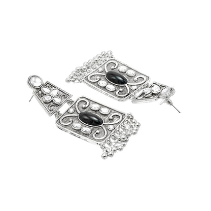 Oxidised CZ, Crystal, Pearl, Antique Silver Plated Medium Drop Partywear Earrings for Women - (SJE_323_BK)