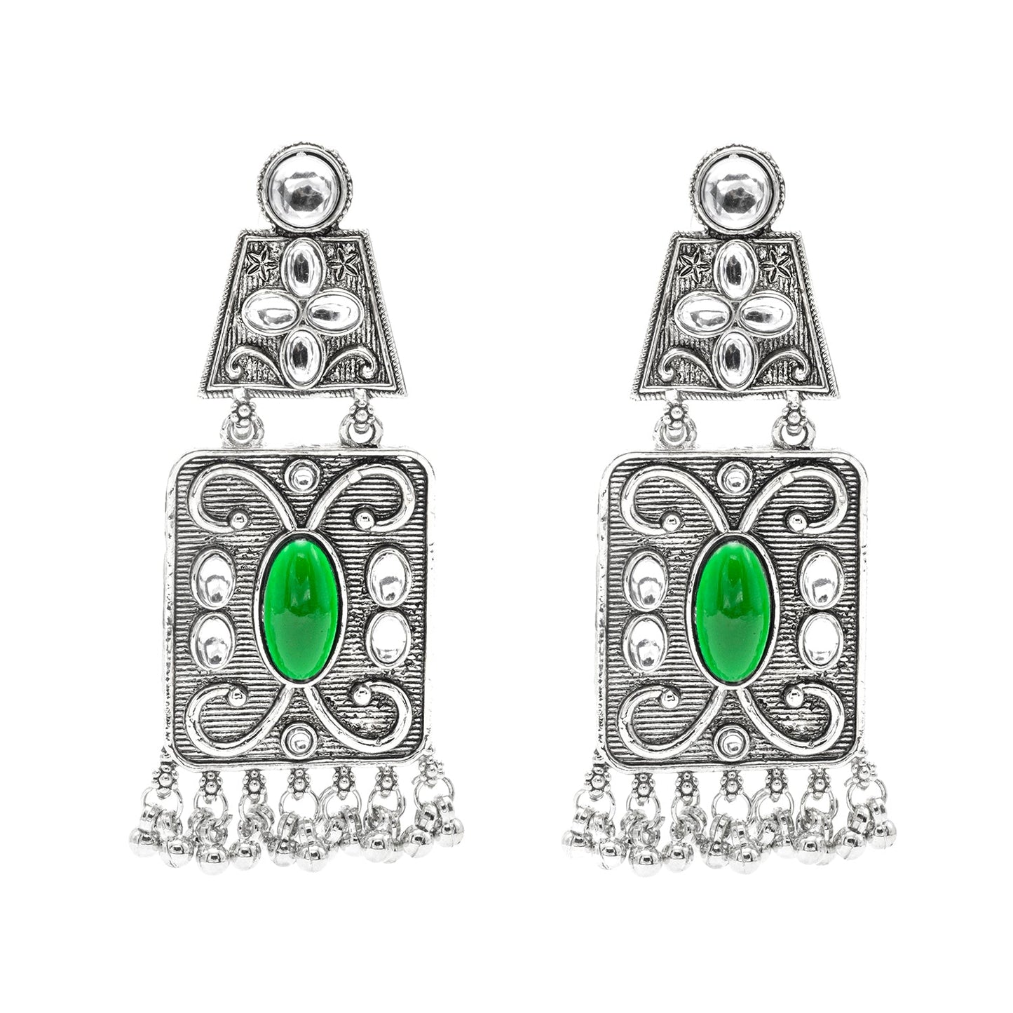 Oxidised CZ, Crystal, Pearl, Antique Silver Plated Medium Drop Partywear Earrings for Women - (SJE_323_G)
