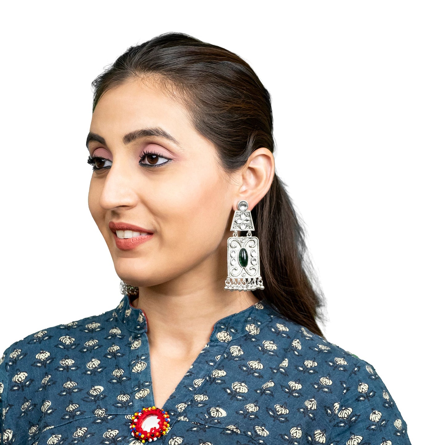 Oxidised CZ, Crystal, Pearl, Antique Silver Plated Medium Drop Partywear Earrings for Women - (SJE_323_G)