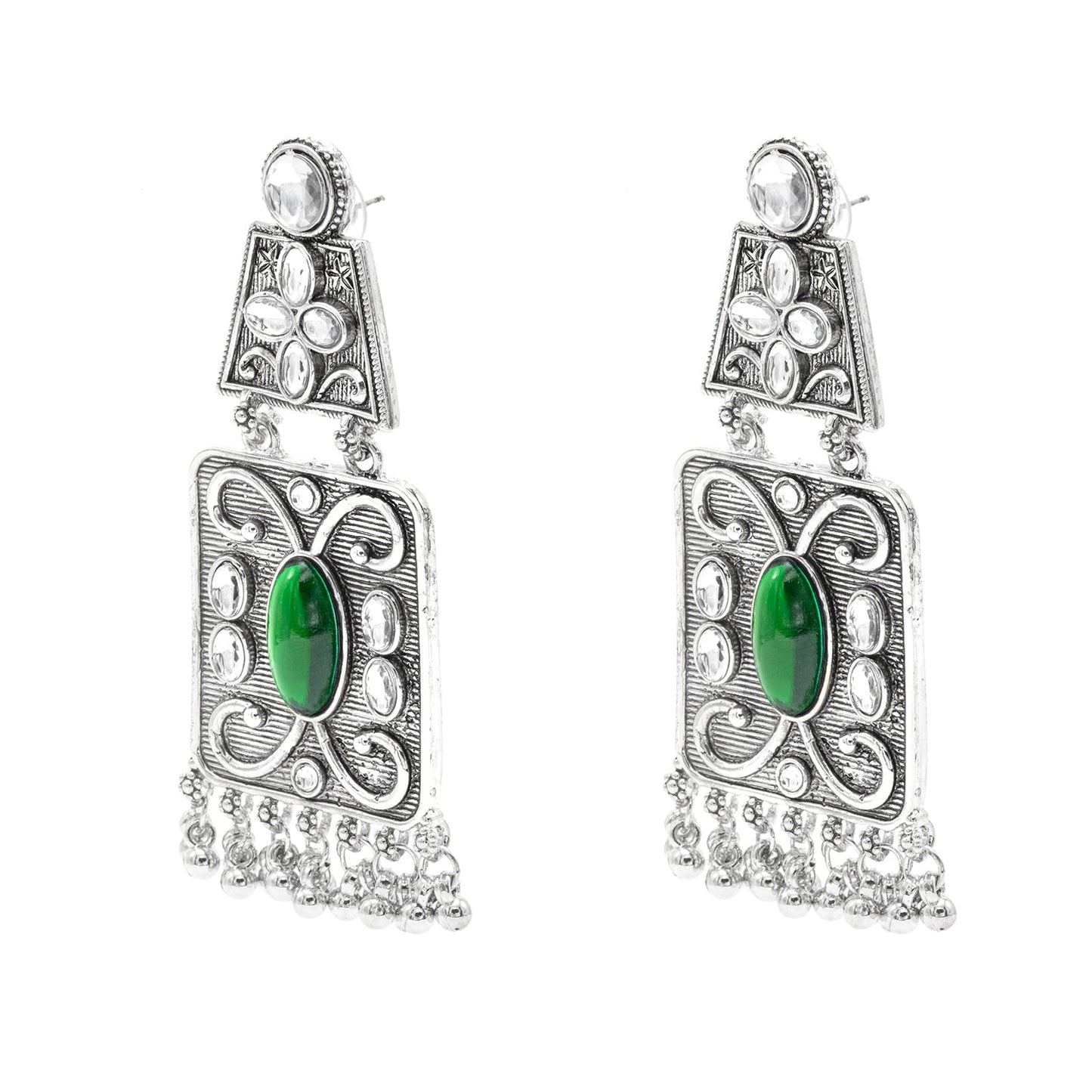 Oxidised CZ, Crystal, Pearl, Antique Silver Plated Medium Drop Partywear Earrings for Women - (SJE_323_G)