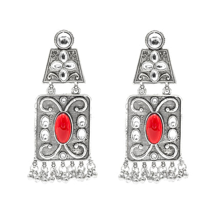 Oxidised CZ, Crystal, Pearl, Antique Silver Plated Medium Drop Partywear Earrings for Women - (SJE_323_M)