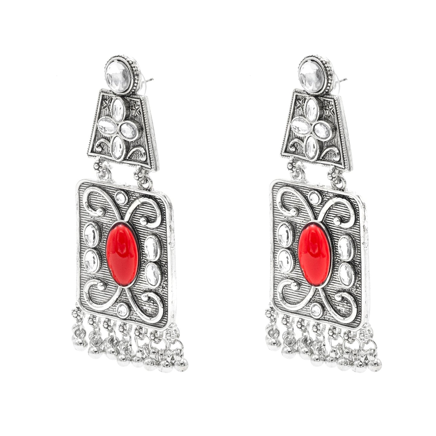 Oxidised CZ, Crystal, Pearl, Antique Silver Plated Medium Drop Partywear Earrings for Women - (SJE_323_M)