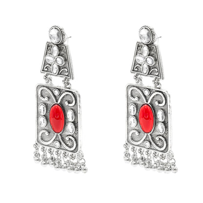 Oxidised CZ, Crystal, Pearl, Antique Silver Plated Medium Drop Partywear Earrings for Women - (SJE_323_M)