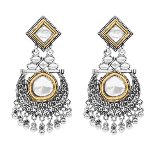 Shining Jewel - by Shivansh Traditional Indian Two-Tone Plated Handcrafted Chandbali with Pearls & Kundan, Stones Medium Sized Earrings for Women (SJE_325)