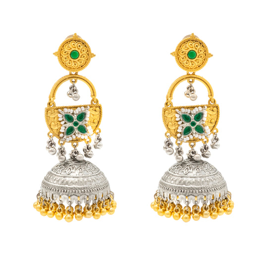 Shining Jewel- by Shivansh Traditional Indian Matte Dual Two Tone Plated CZ, Pearl Studded Over-sized Jhumka Earring for Women - Green (SJE_328_G)