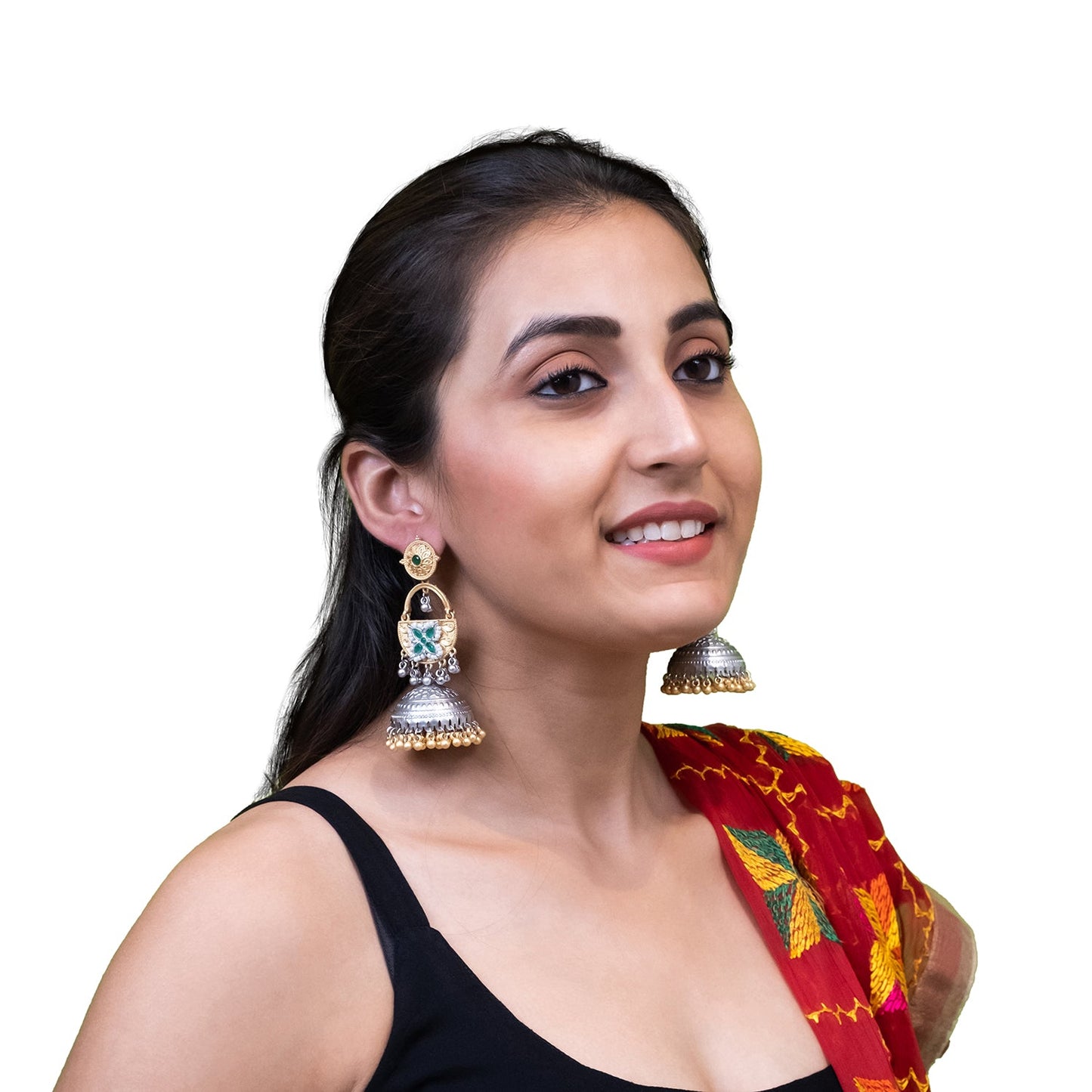 Shining Jewel- by Shivansh Traditional Indian Matte Dual Two Tone Plated CZ, Pearl Studded Over-sized Jhumka Earring for Women - Green (SJE_328_G)