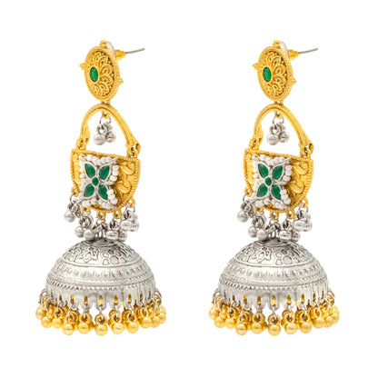 Shining Jewel- by Shivansh Traditional Indian Matte Dual Two Tone Plated CZ, Pearl Studded Over-sized Jhumka Earring for Women - Green (SJE_328_G)