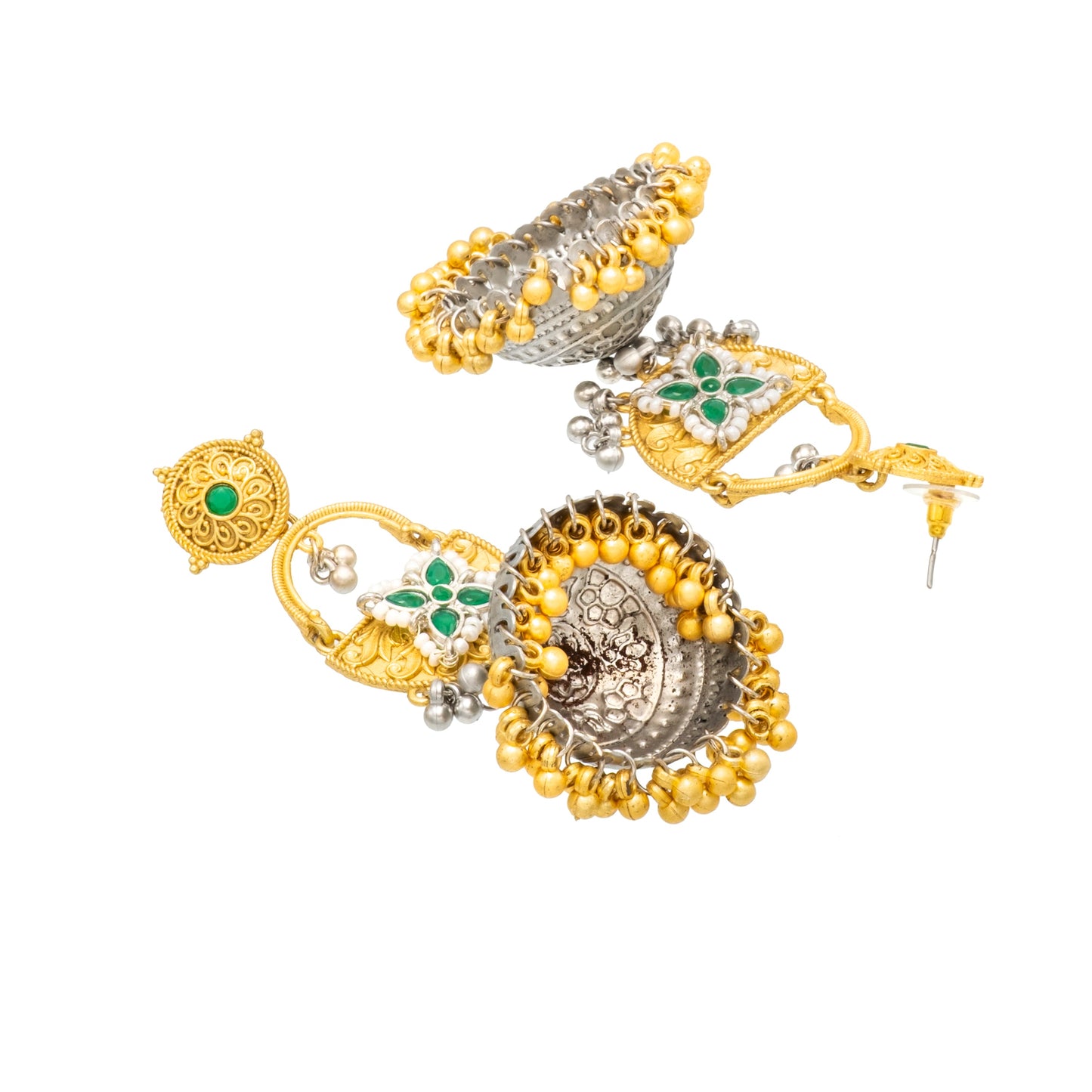 Shining Jewel- by Shivansh Traditional Indian Matte Dual Two Tone Plated CZ, Pearl Studded Over-sized Jhumka Earring for Women - Green (SJE_328_G)