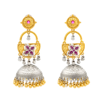 Shining Jewel- by Shivansh Traditional Indian Matte Dual Two Tone Plated CZ, Pearl Studded Over-sized Jhumka Earring for Women - Maroon (SJE_328_M)