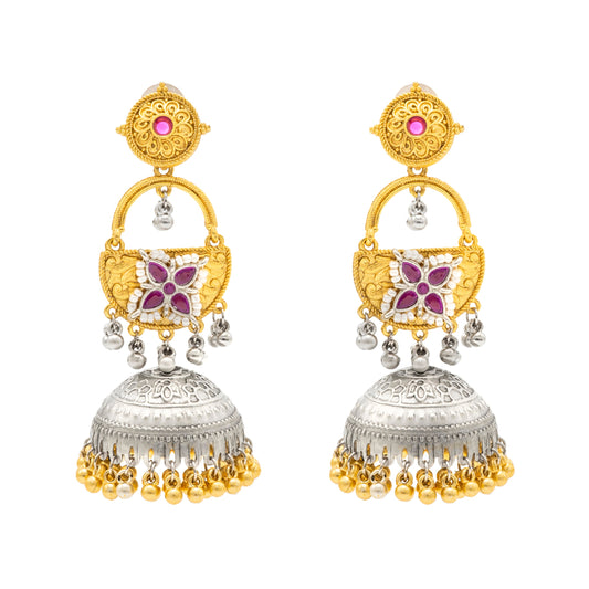 Shining Jewel- by Shivansh Traditional Indian Matte Dual Two Tone Plated CZ, Pearl Studded Over-sized Jhumka Earring for Women - Maroon (SJE_328_M)
