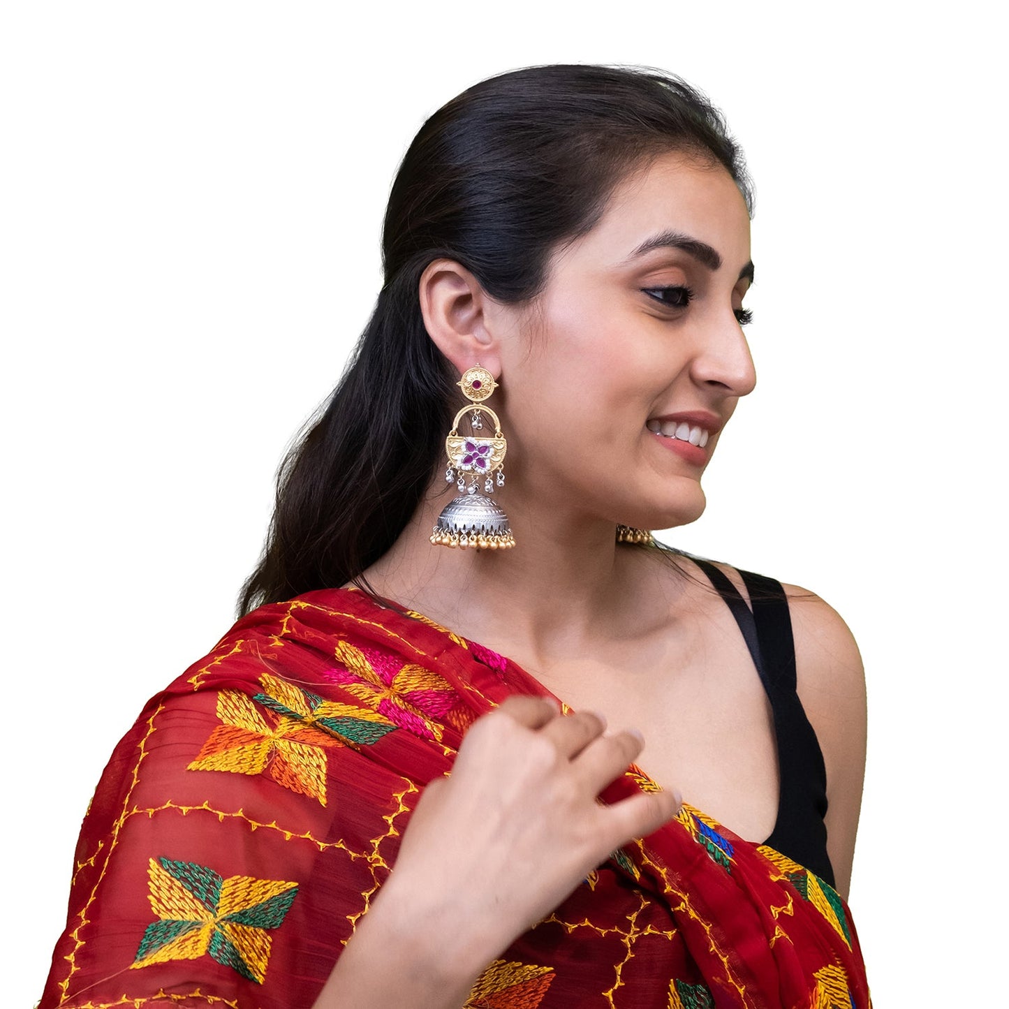 Shining Jewel- by Shivansh Traditional Indian Matte Dual Two Tone Plated CZ, Pearl Studded Over-sized Jhumka Earring for Women - Maroon (SJE_328_M)