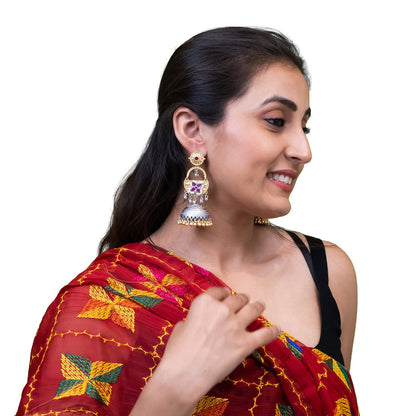 Shining Jewel- by Shivansh Traditional Indian Matte Dual Two Tone Plated CZ, Pearl Studded Over-sized Jhumka Earring for Women - Maroon (SJE_328_M)
