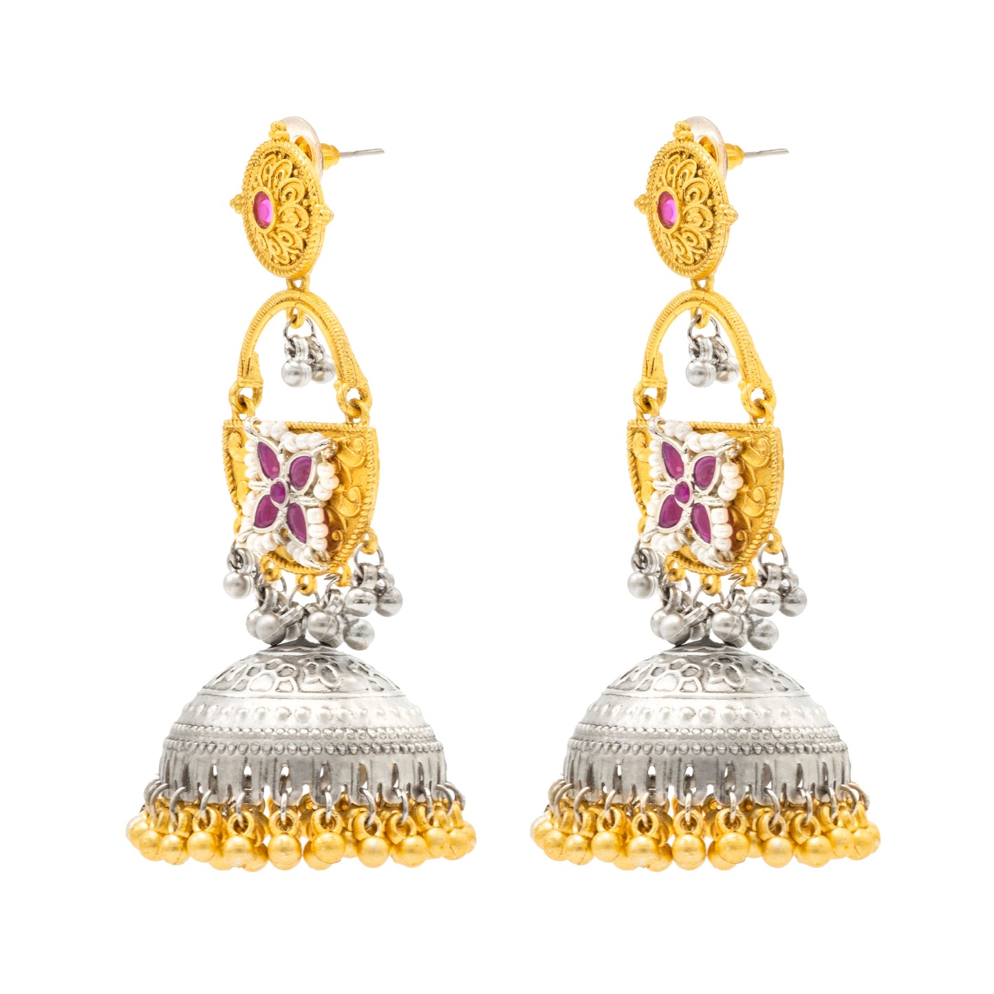 Shining Jewel- by Shivansh Traditional Indian Matte Dual Two Tone Plated CZ, Pearl Studded Over-sized Jhumka Earring for Women - Maroon (SJE_328_M)