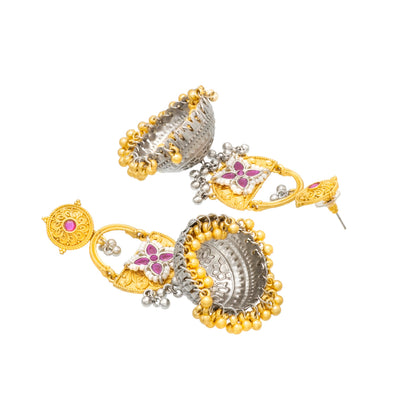 Shining Jewel- by Shivansh Traditional Indian Matte Dual Two Tone Plated CZ, Pearl Studded Over-sized Jhumka Earring for Women - Maroon (SJE_328_M)