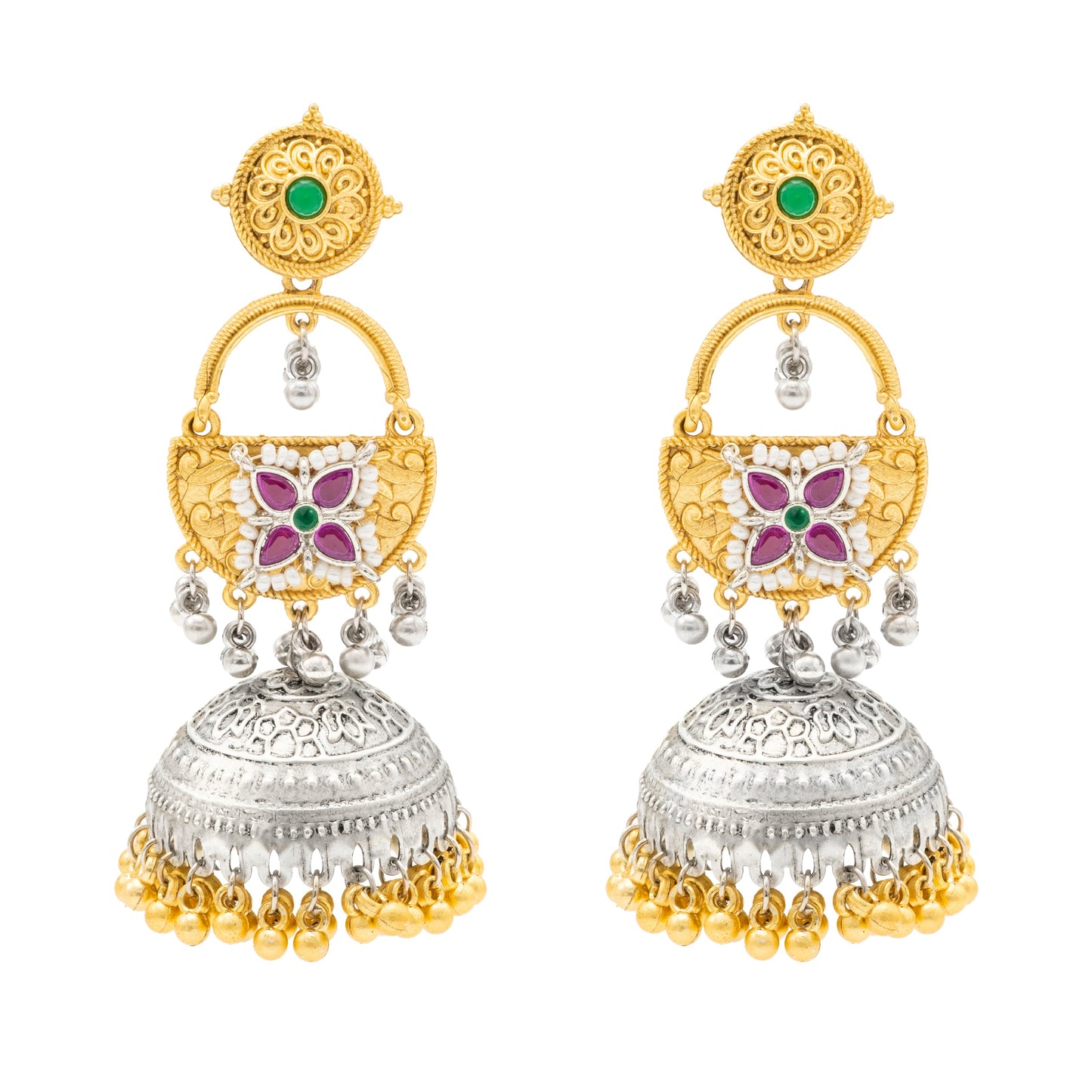 Shining Jewel- by Shivansh Traditional Indian Matte Dual Two Tone Plated CZ, Pearl Studded Over-sized Jhumka Earring for Women - Red and Green (SJE_328_RG)
