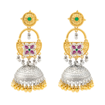 Shining Jewel- by Shivansh Traditional Indian Matte Dual Two Tone Plated CZ, Pearl Studded Over-sized Jhumka Earring for Women - Red and Green (SJE_328_RG)