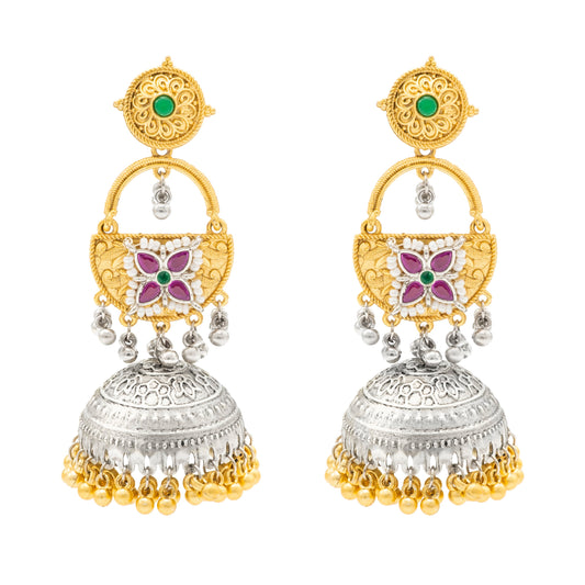 Shining Jewel- by Shivansh Traditional Indian Matte Dual Two Tone Plated CZ, Pearl Studded Over-sized Jhumka Earring for Women - Red and Green (SJE_328_RG)
